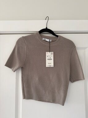 ZARA Taupe Ribbed Short-Sleeve Crewneck Top